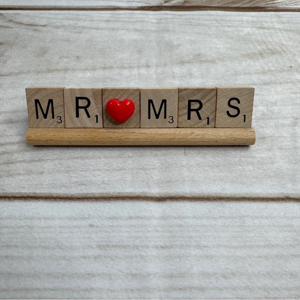 Mr / Mrs Wooden Scrabble Tile Decor with Red Heart